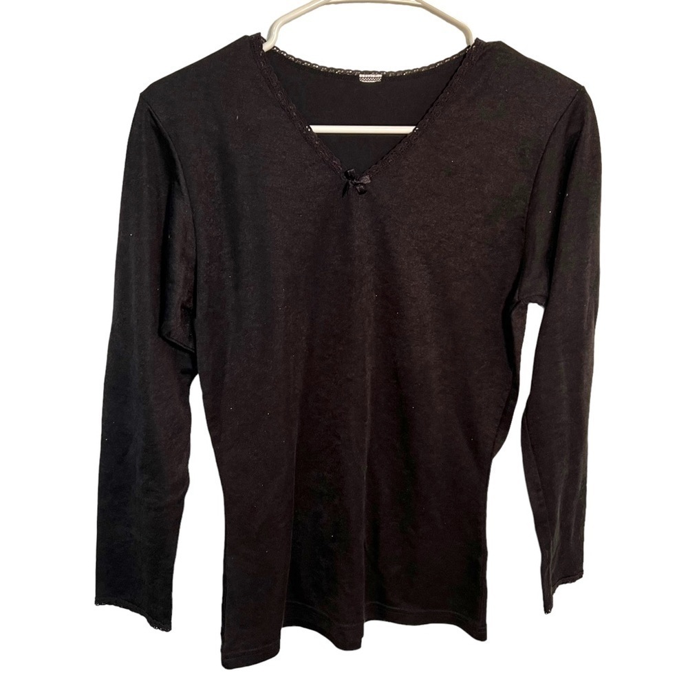 Womens Long Sleeve T-Shirt V-Neck Black Lace Trim Bow Stretch Sleep Shirt Pajama